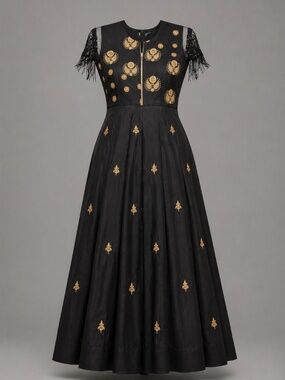 SANJH Black Gold Fringe Embroidered Gown by Subhai Apparel